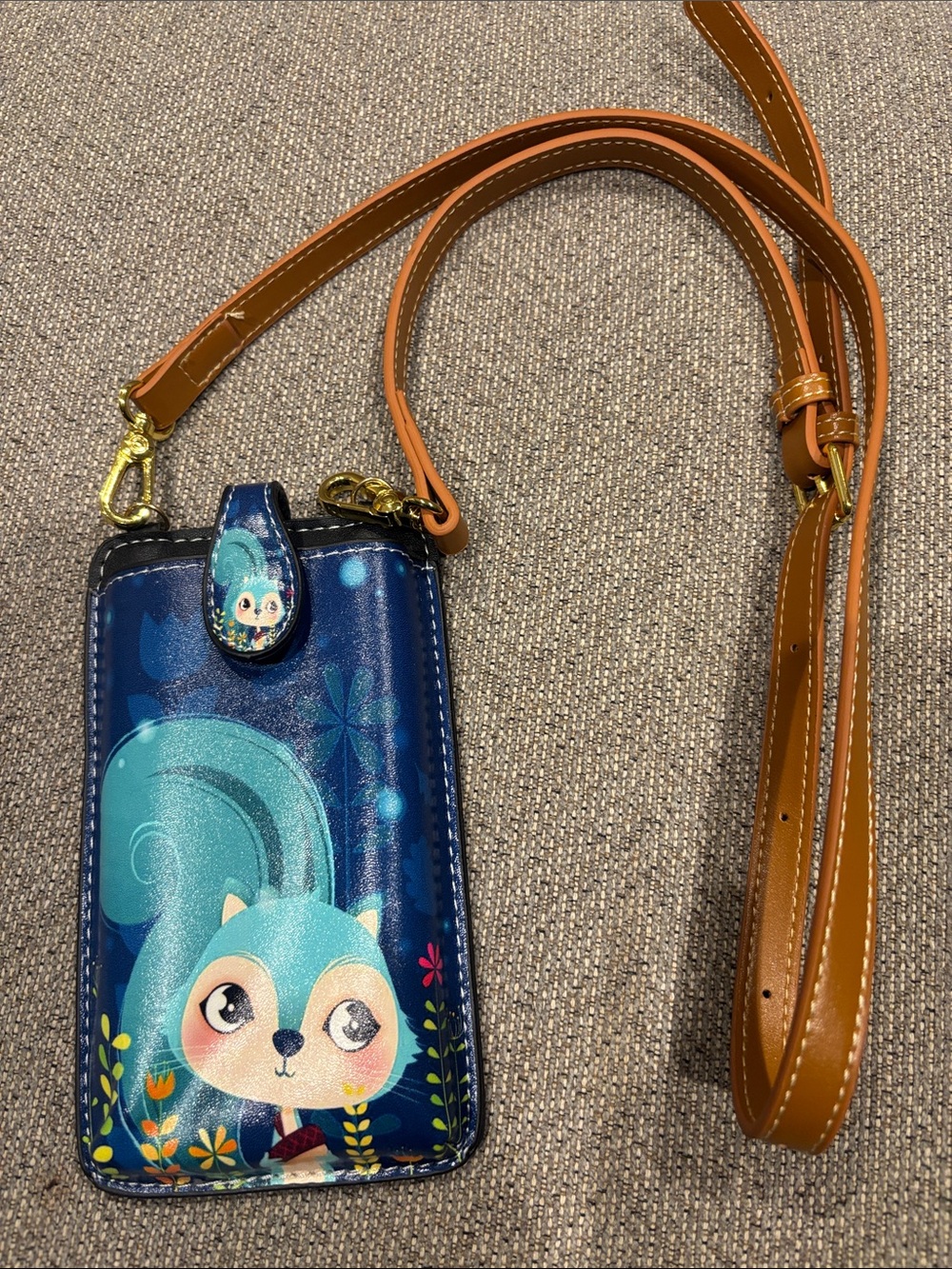 Panimal Blue Cartoon Squirrel Crossbody Phone Pouch with Brown Strap